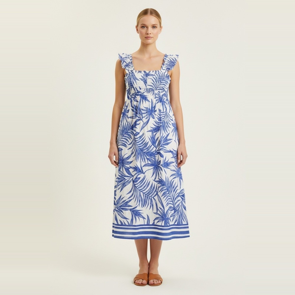 Very J NWT Blue White Palm Print Midi Sundress Smocked Ruffle Strap Tie Back M